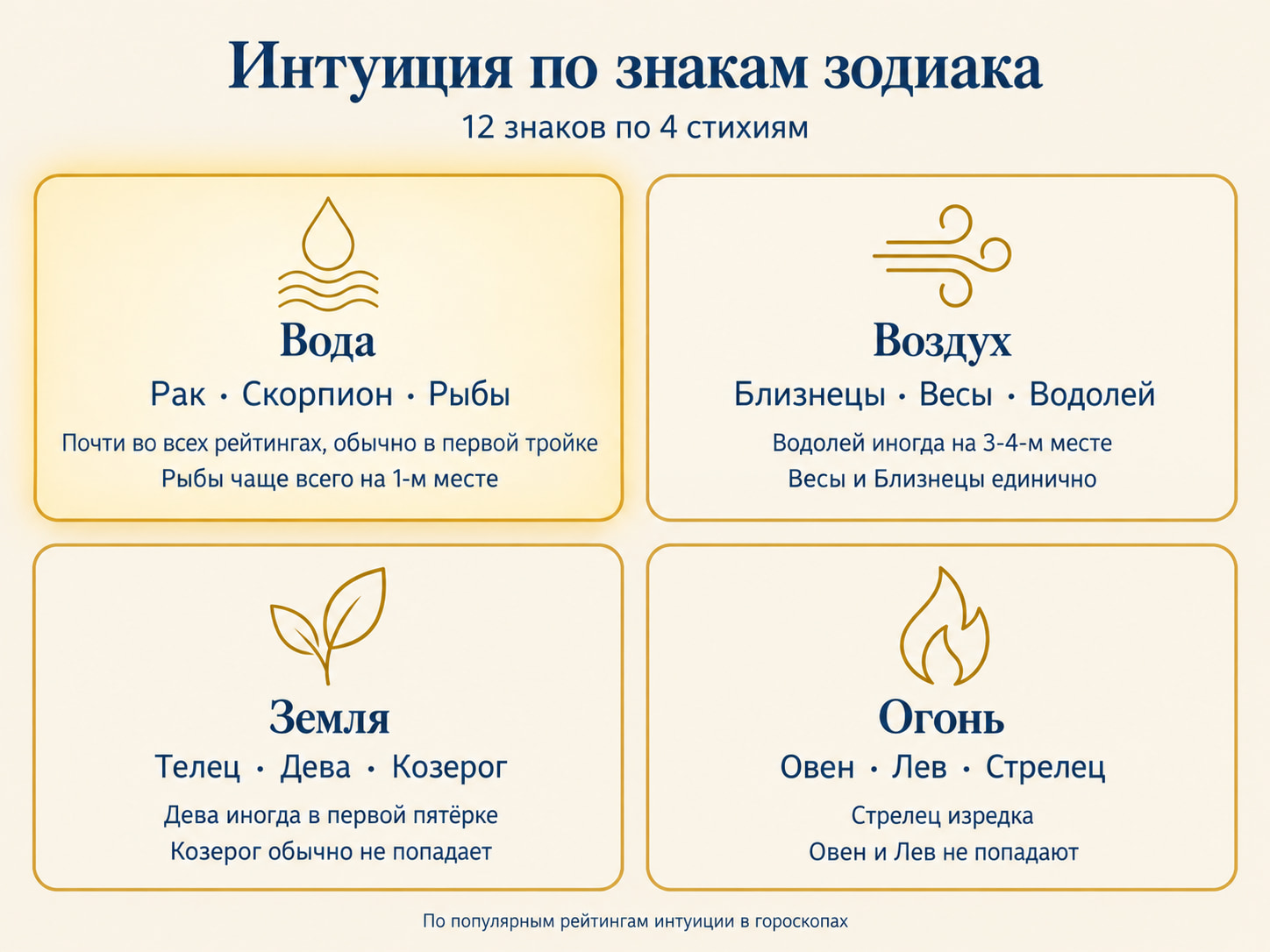 Интуиция по знакам зодиака: 12 знаков по четырём стихиям и их место в популярных рейтингах интуиции