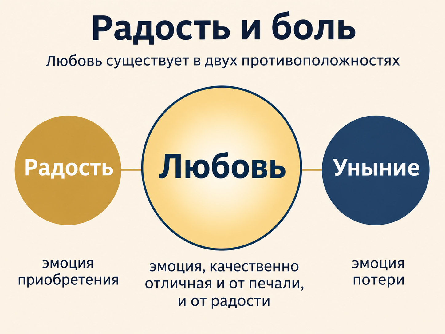 Схема: радость — эмоция приобретения, уныние — эмоция потери, между ними любовь