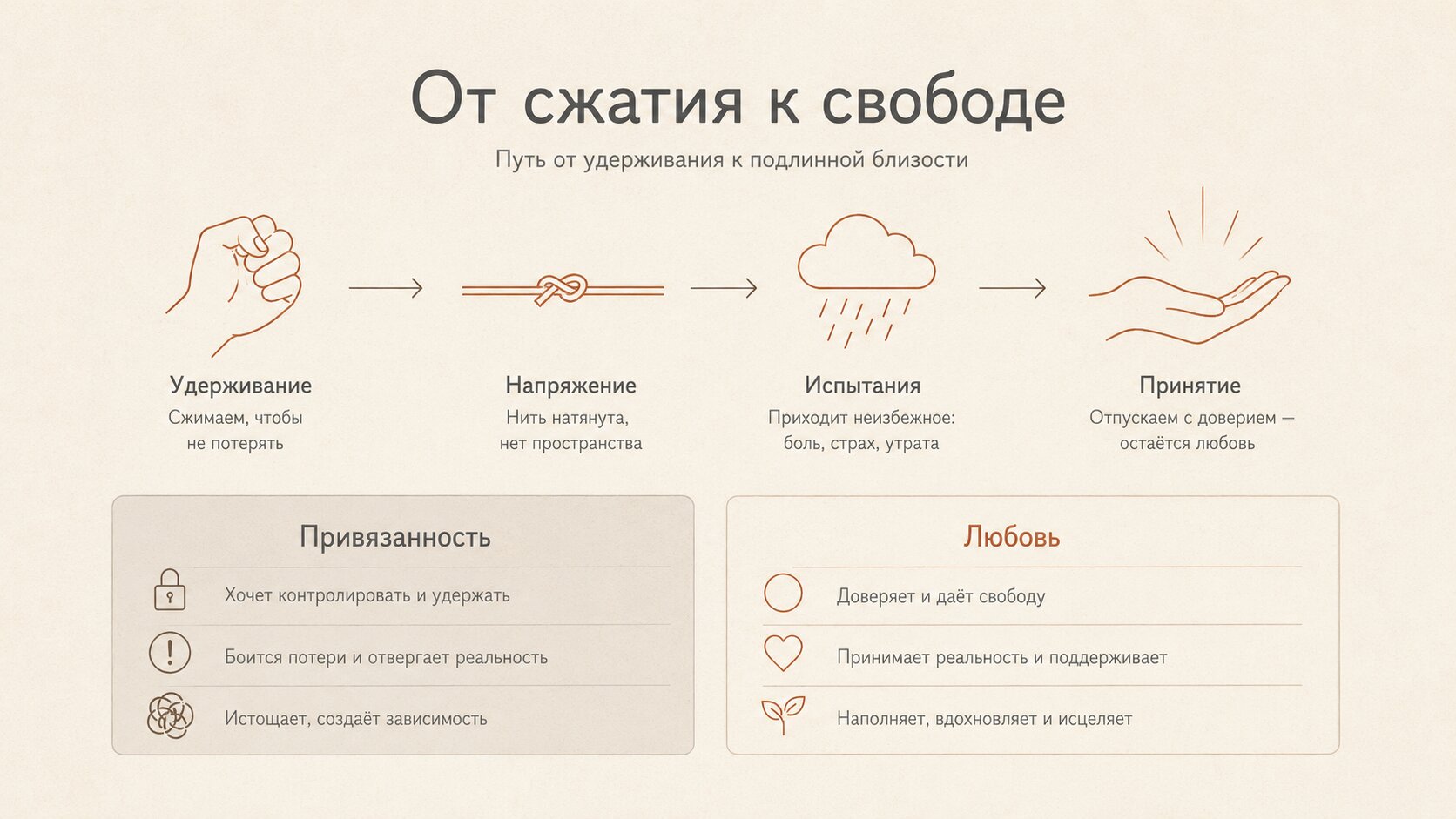 Инфографика &mdash; привязанность против любви: путь от боли к свободе и принятию