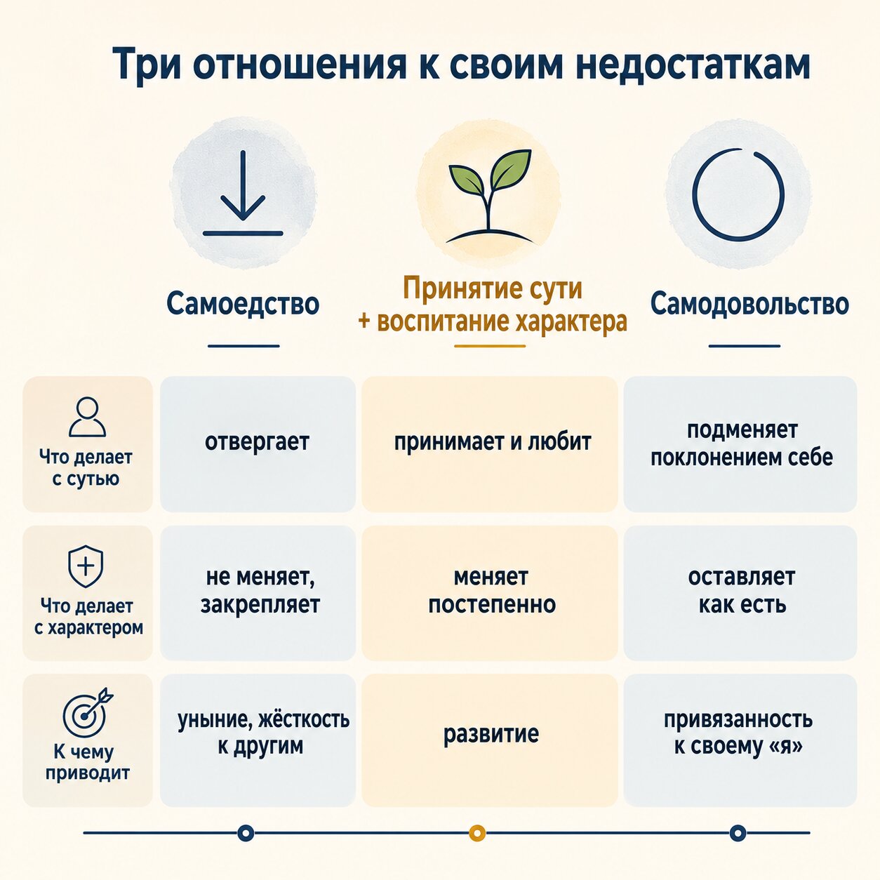 Три отношения к недостаткам &mdash; самоедство, принятие и работа над собой, самодовольство