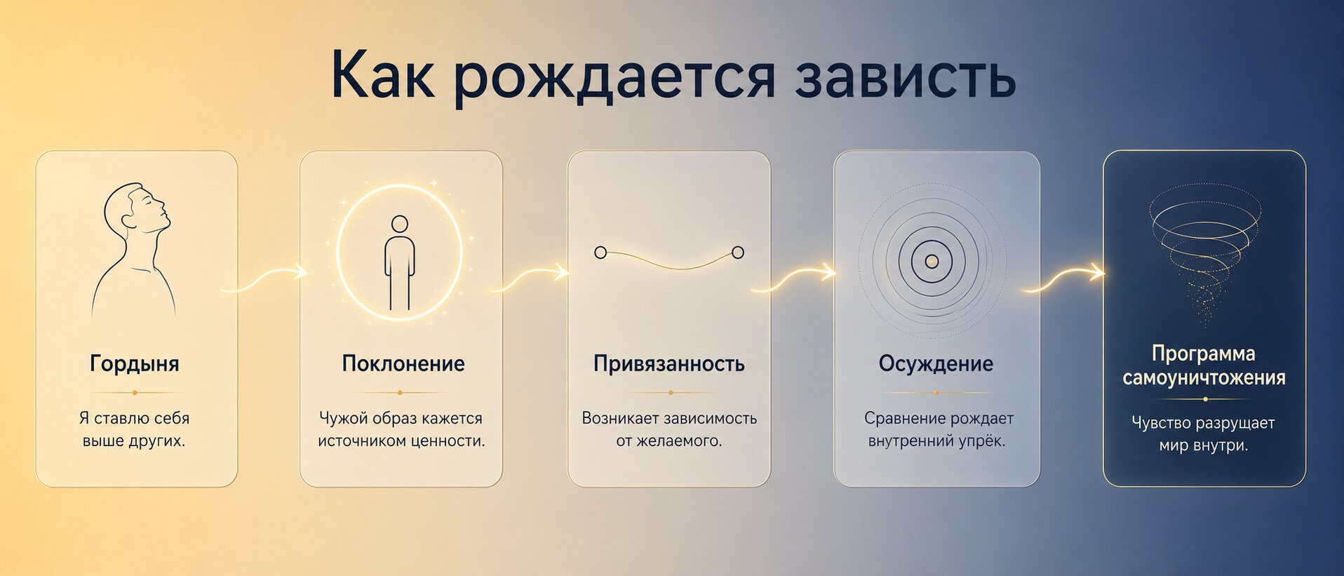 Инфографика причинной цепи &mdash; от гордыни через привязанность и осуждение к программе самоуничтожения